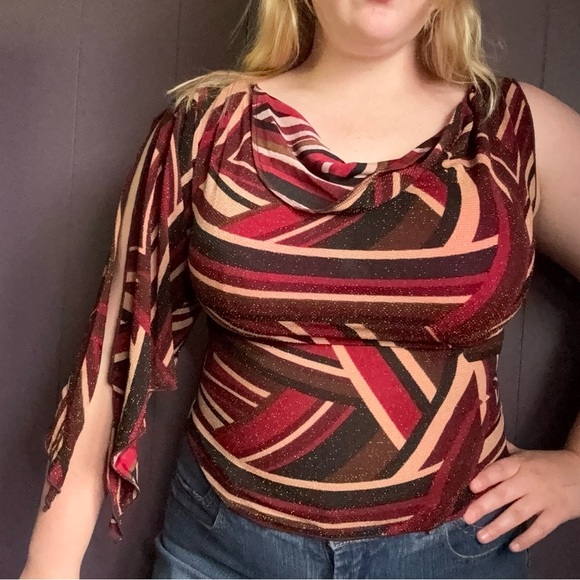 Vintage Y2K Made in USA Burgundy & Brown Geometric Asymmetrical Top – Tag Medium - Picture 8 of 8